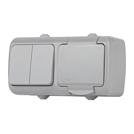 Блок розетка с выключателем Intro Atlantic 5-701-03 одноклавишным 2P+E 10-16А-250В гориз. открытой установки IP54 серый