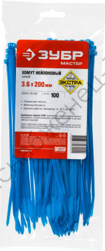 ЗУБР КС-С1 3.6 x 200 мм, нейлон РА66, кабельные стяжки синие, 100 шт, Профессионал (309070-36-200)