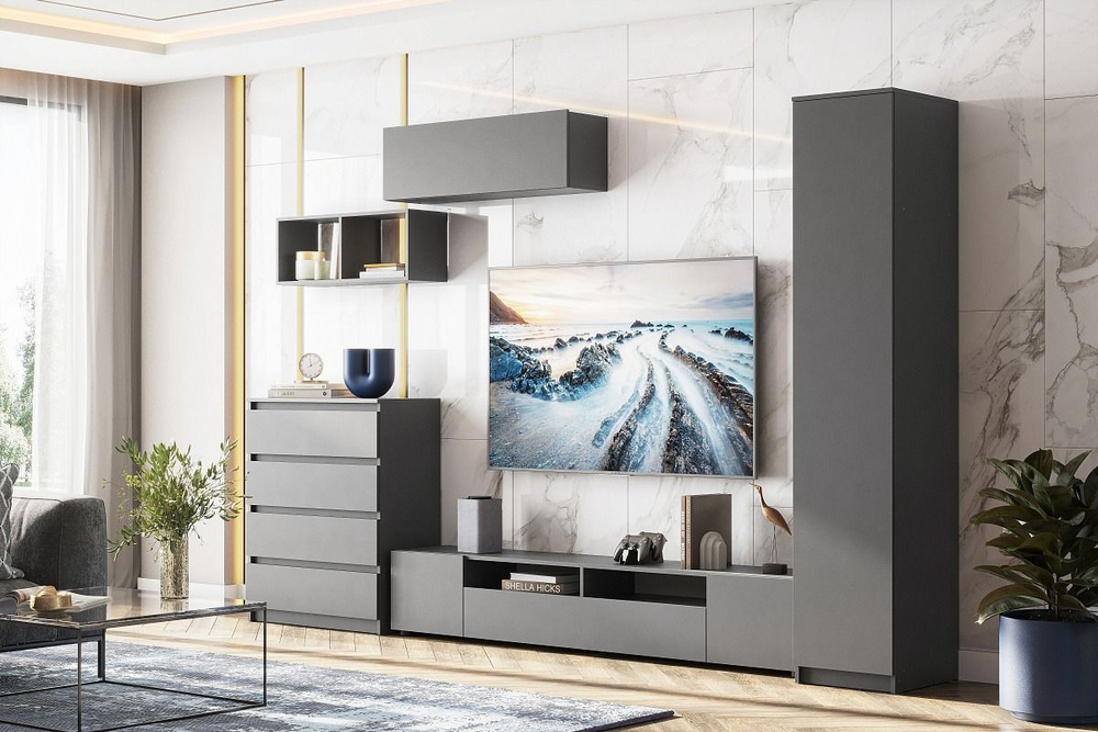 Модульная стенка в гостиную со шкафом Графит серый 320х46х205 см