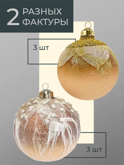 Набор винтажных стеклянных шаров Райский сад 100 мм., песочный, 6 шт., Christmas DeLuxe (14036)