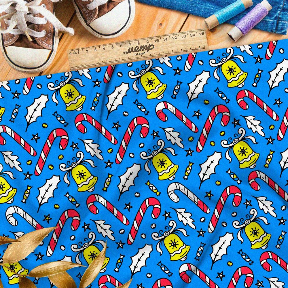 Ткань оксфорд 600 рождественские леденцы и жёлтые колокольчики