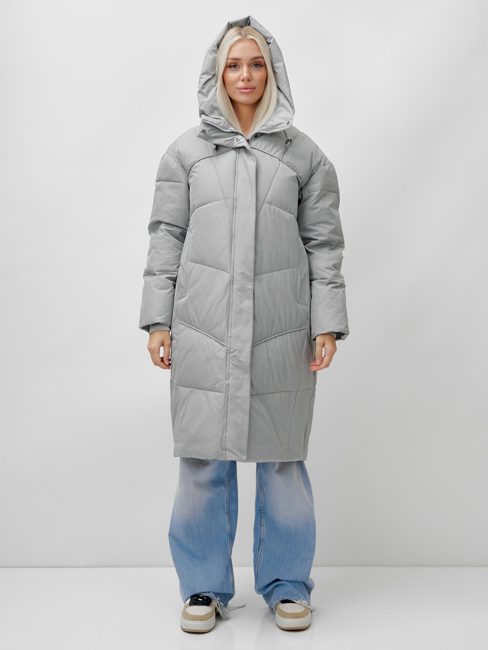 Пальто летучая мышь женское с капюшоном зимнее серого цвета 9616Sr