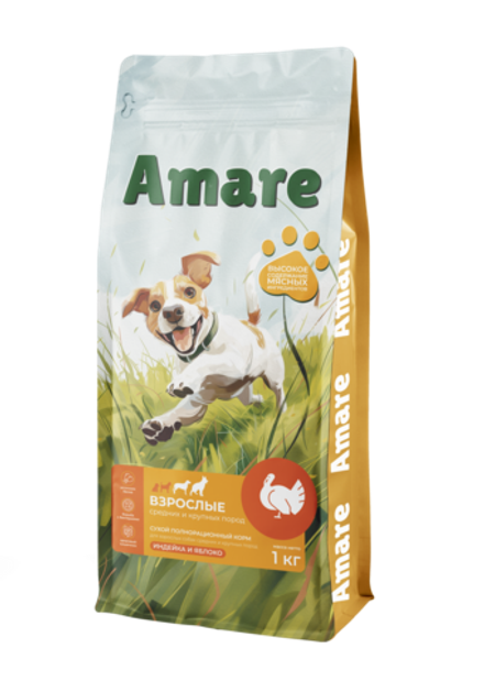 Amare Сухой полнорационный корм для взрослых собак средних и крупных пород индейка и яблоко 1 кг