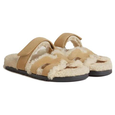 Hermes Chypre comfortable and lightweight rubber-soled casual slippers women's beige, H222195Z VD