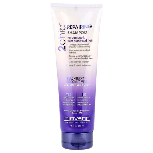 Giovanni, 2chic, восстанавливающий шампунь для поврежденных и подвергающихся частой укладке волос, ежевика и кокосовое молоко, 250 мл (8,5 жидк. унции)