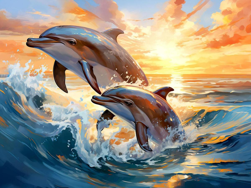 Алмазная мозаика 30х40см. "Молодые дельфины" с полн.заполнен.без подрам.(30цв) (Арт.НД-6354)