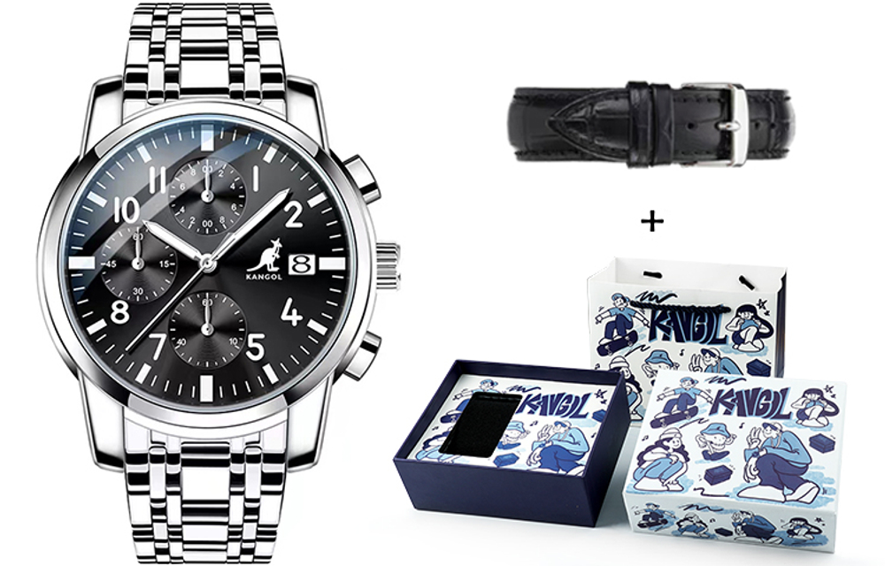KANGOL Three Eye Six Hand Multifunction Quartz Movement Stainless Steel Watchband Watch Men"s Watches