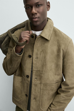 ZARA КУРТКА ИЗ ИСКУССТВЕННОЙ ЗАМШИ С КАРМАНАМИ, ЗЕЛЕНЫЙ/СЕРЫЙ