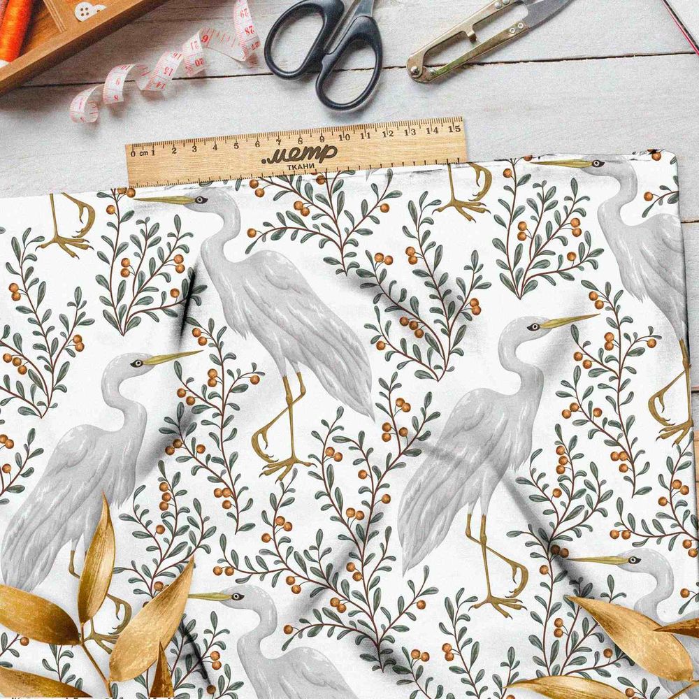 Ткань саржа журавли и ягоды