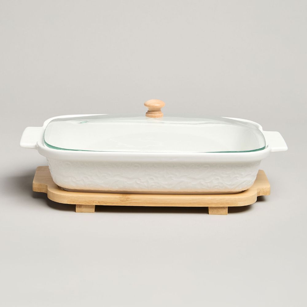 БЛЮДО ДЛЯ ВЫПЕКАНИЯ И СЕРВИРОВКИ LEFARD "MUSE" СО СТЕКЛ.КРЫШКОЙ НА ДЕР.ПОДСТАВКЕ 27,5*17*9СМ 900МЛ