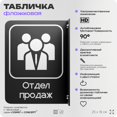 Табличка Отдел продаж флажковая на стену, двусторонняя с крепежом, 19 х 25 см, для офиса, кафе, ресторана, серия COSMO, Айдентика Технолоджи
