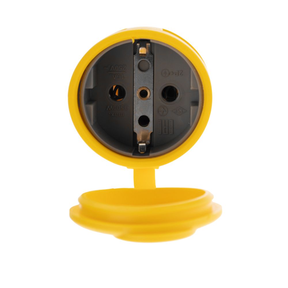 Розетка влагозащищенная переносная с крышкой 1 гнездо, с/з, 16А, IP54, каучук, желтая REXANT