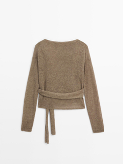 Massimo Dutti Трикотажный кардиган внахлест с завязками, из смесовой альпаки, кротово-коричневый