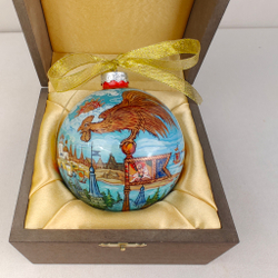 Шар новогодний с круговой росписью Палех "Золотой петушок" в футляре