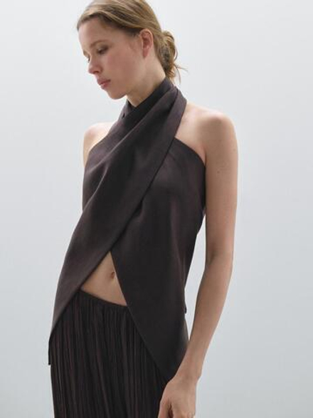 Massimo Dutti Двубортная блузка из 100% льна, коричневый