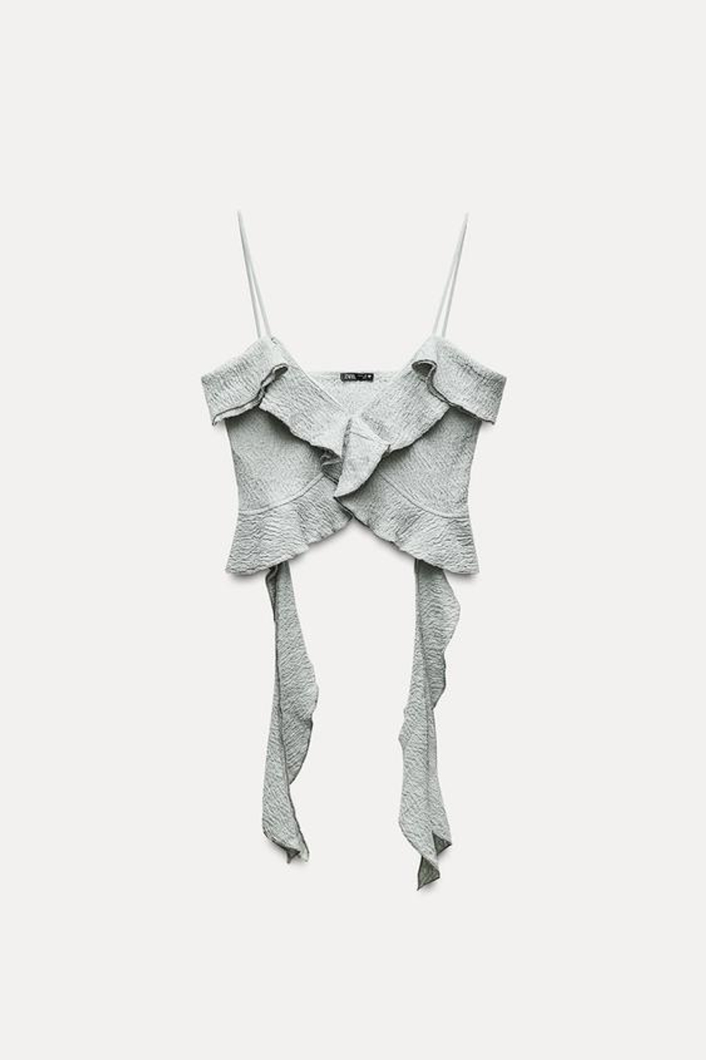 ZARA УКОРОЧЕННЫЙ ТОП ИЗ РЕЛЬЕФНОЙ ТКАНИ С ВОЛАНАМИ, ВОДЯНИСТЫЙ ЗЕЛЕНЫЙ