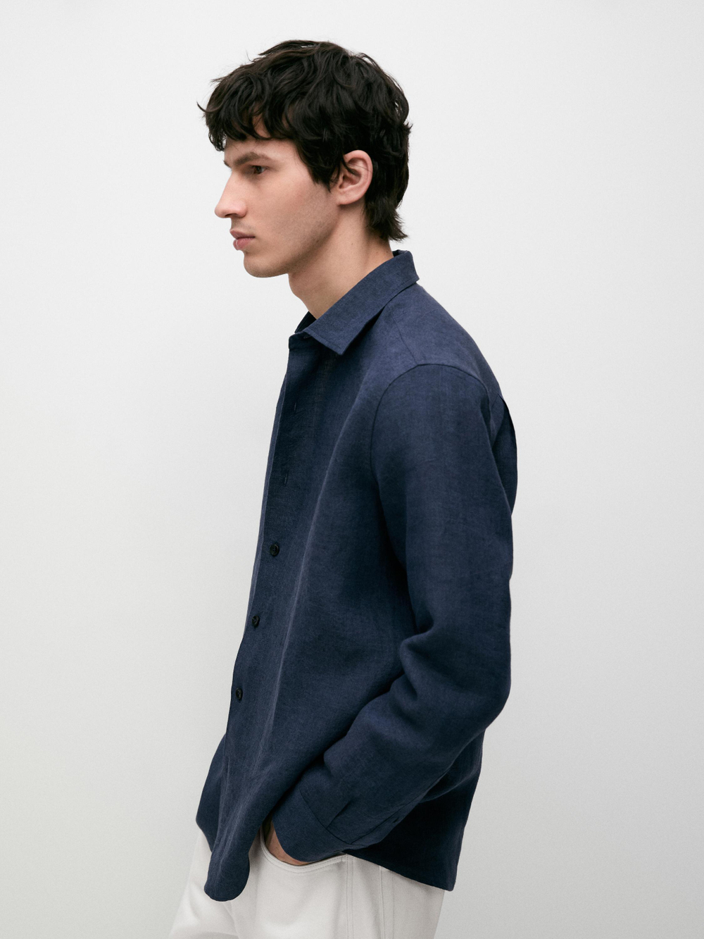 Massimo Dutti Рубашка из 100% льна, стандартного кроя, выцветший синий