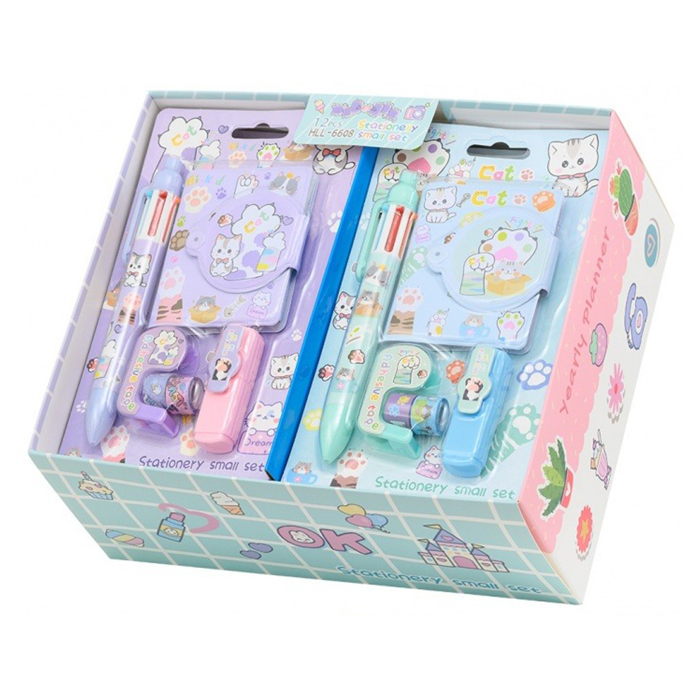 Канцелярский набор Basir с цветным текстовыделителем, 6-ти цветной ручкой, скотчем и блокнотом, серия "Лапки", ассорти, 19.5*11.5 см