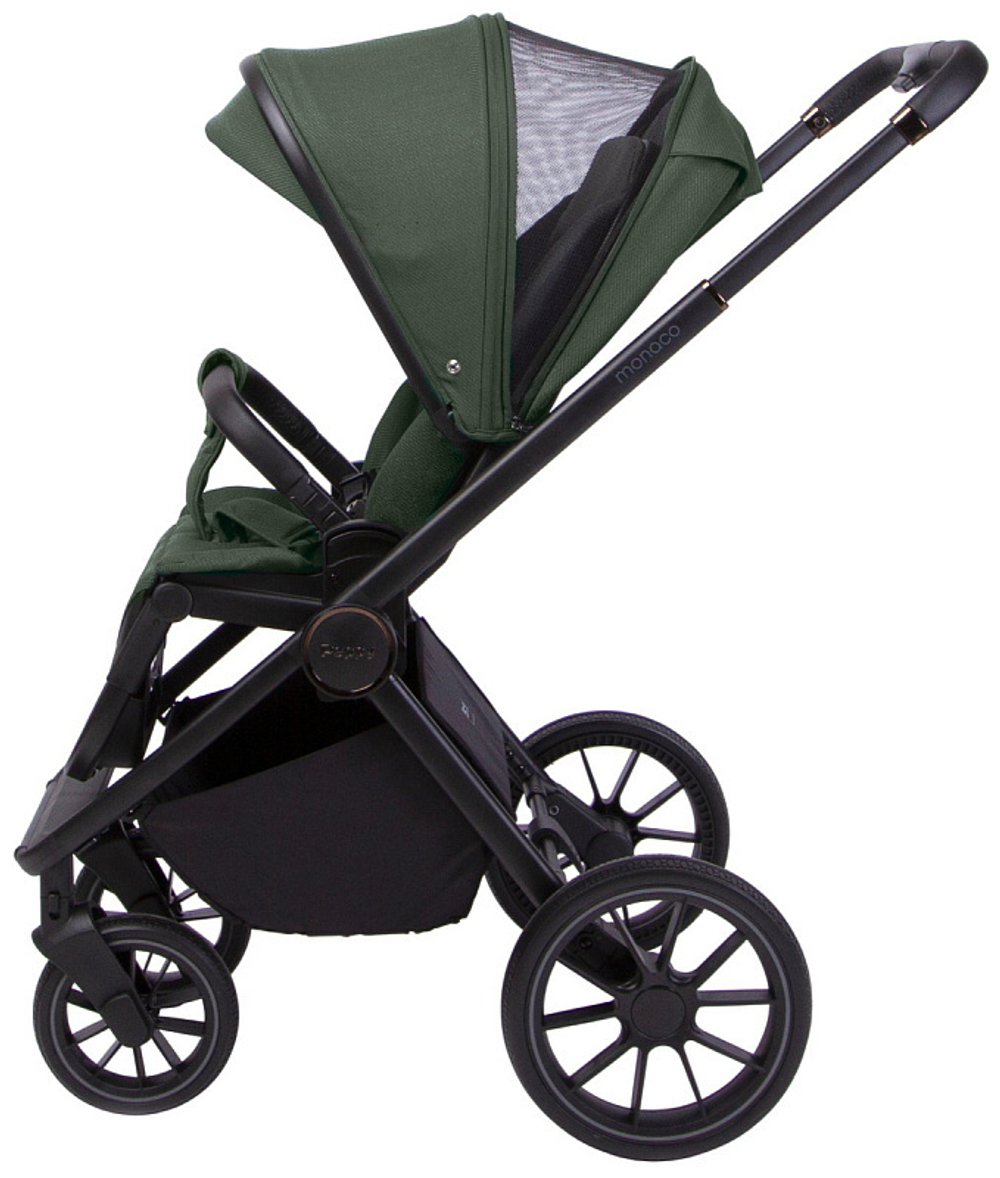 Детская коляска Peppy Monaco 3 в 1 с автокреслом Rise Oliva Green (зеленый), рама черная