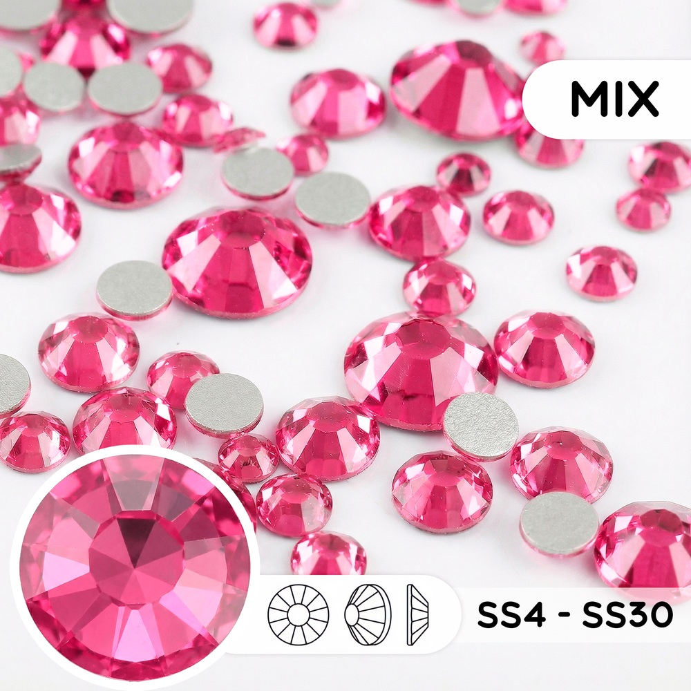 Стеклянные стразы холодной фиксации “Rose” — микс размеров SS4–SS30