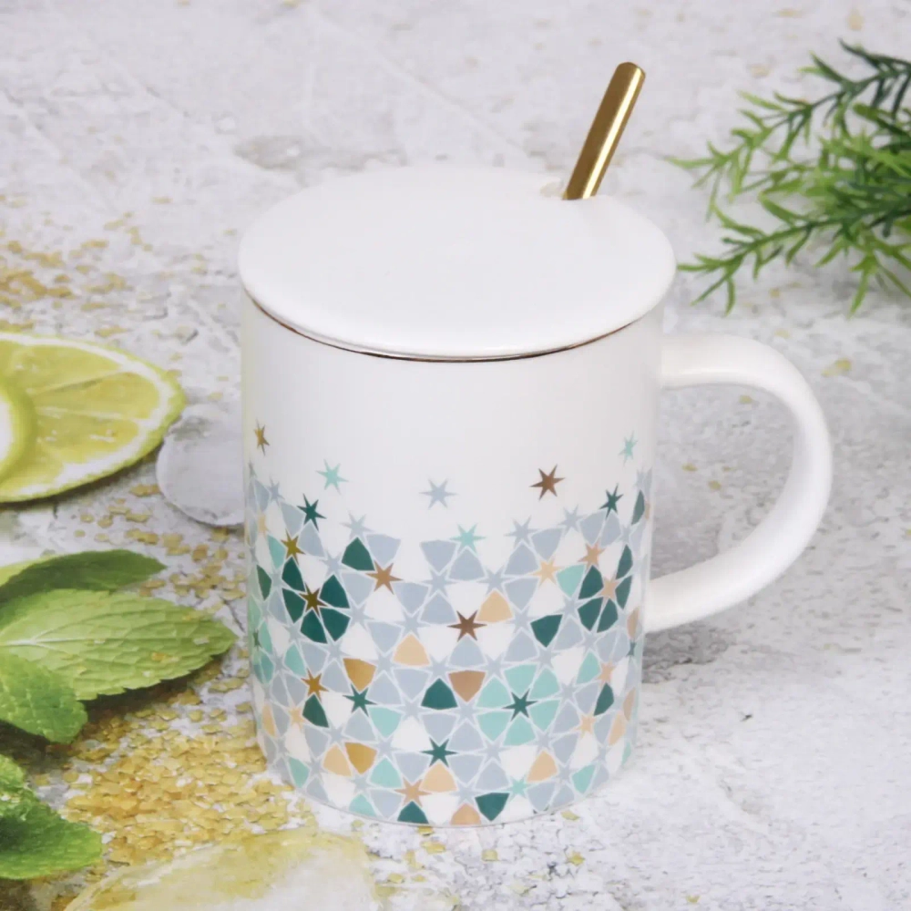Кружка керамическая 350мл «Калейдоскоп» с керамической крышкой и ложкой, звездочки