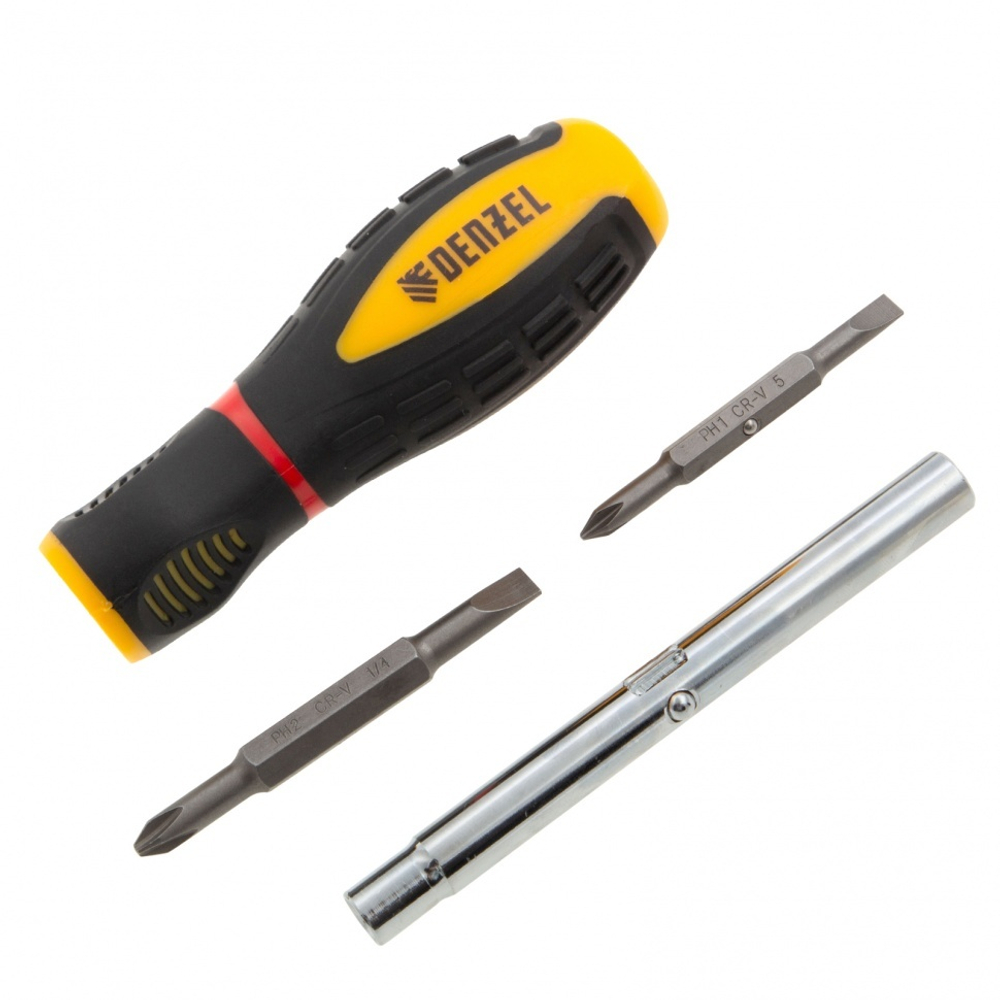 Отвертка комбинированная, SL3/16"-PH1, SL1/4"-PH2, 3-х компонентная рукоятка Denzel