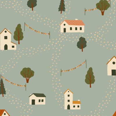 Домики с деревьями, дорожками и флажками