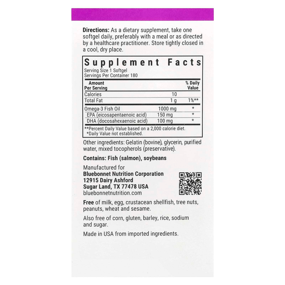 Bluebonnet Nutrition, Рыбий жир лосося с омега-3, 1000 мг, 180 мягких таблеток
