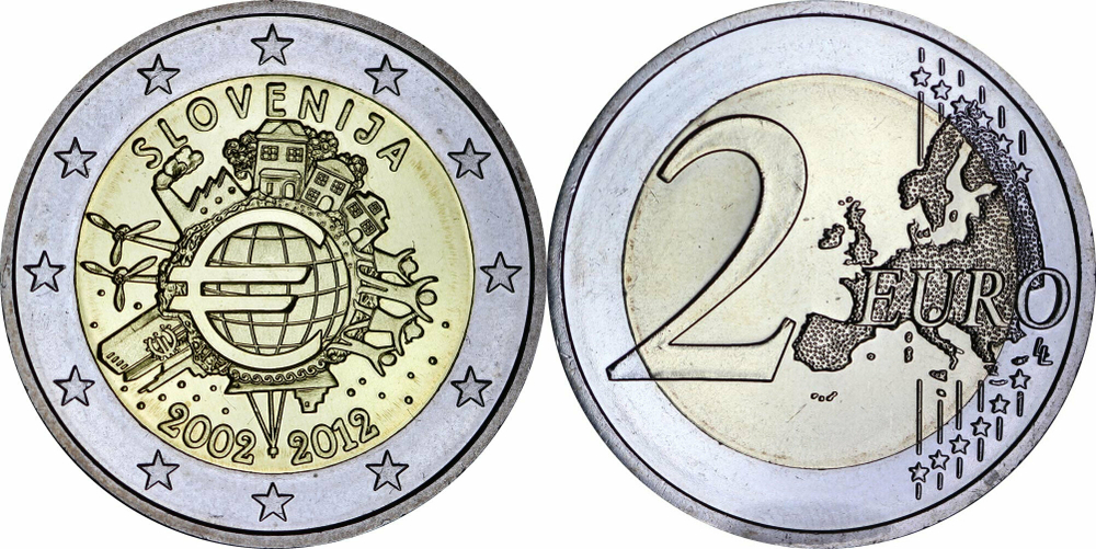 Словения 2 евро, 2012 10 лет наличным UNC