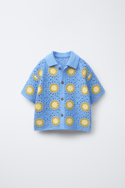 ZARA ТРИКОТАЖНАЯ РУБАШКА ИЗ КРУЖЕВА КРОШЕ, ГОЛУБОЙ