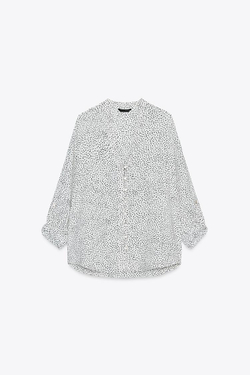 ZARA РУБАШКА В ГОРОШЕК С РУКАВАМИ С ПАТАМИ, ЭКРЮ/ЧЕРНЫЙ