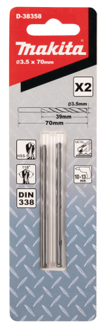 Сверло по металлу HSS-R 3,5х39x70, 2 шт. Makita D-38358 Металл HSS-R 3,5 x 39 х 70 мм 118 град 2 шт.