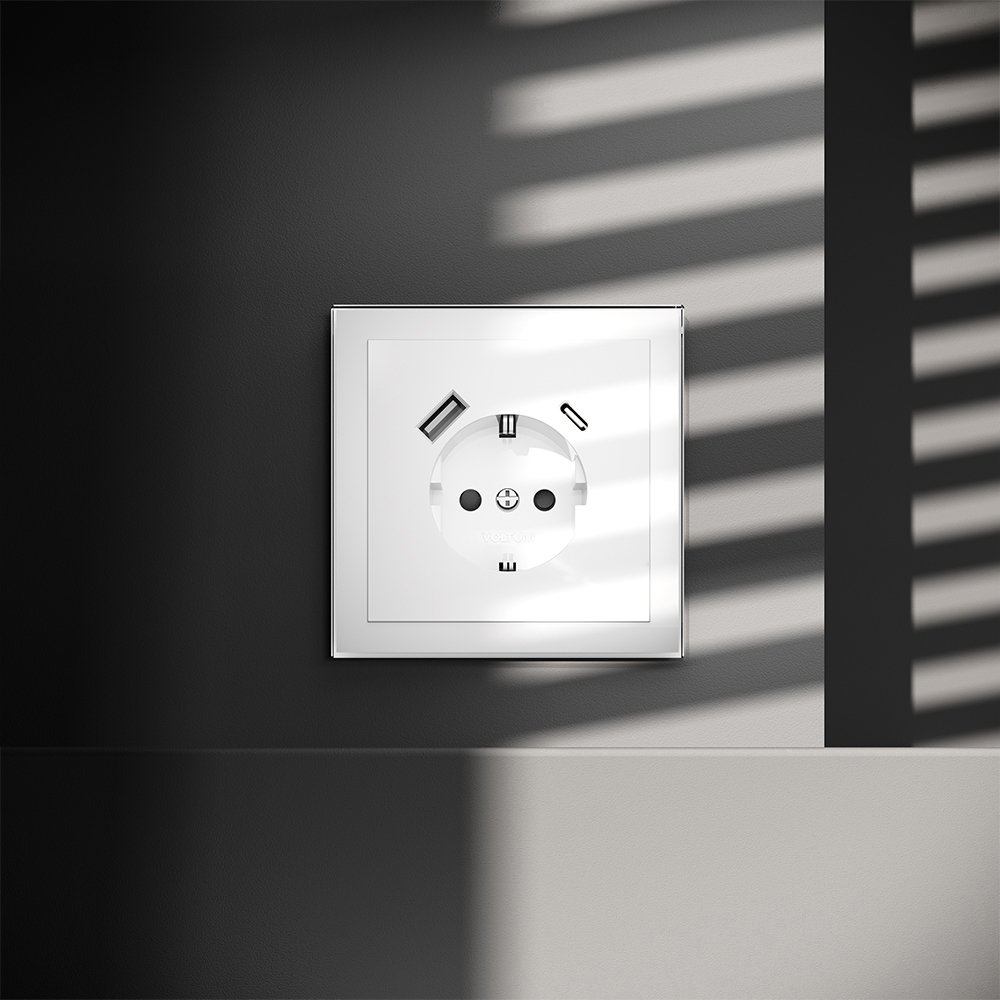 Розетка встраиваемая с заземлением и защитными шторками, 16А, с USB, A+С, (белый глянцевый) Voltum S70 VLS040501
