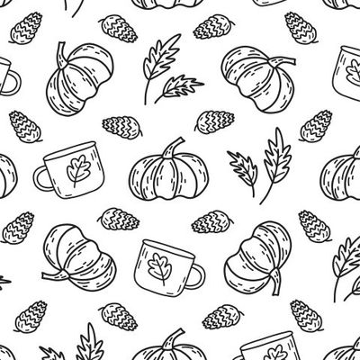 Тыквы, осенние листья, шишки и чашка чая на белом