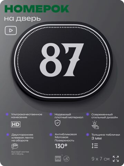 Номерок на дверь квартиры 87, для кабинета, офиса, шильдик 9 х 7 см, черный, Айдентика Технолоджи