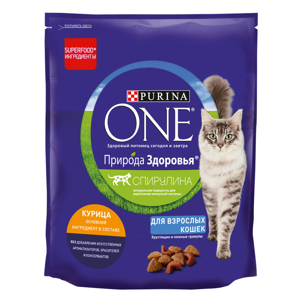 Сухой корм Purina ONE Природа Здоровья для взрослых кошек с курицей и спирулиной 680 г