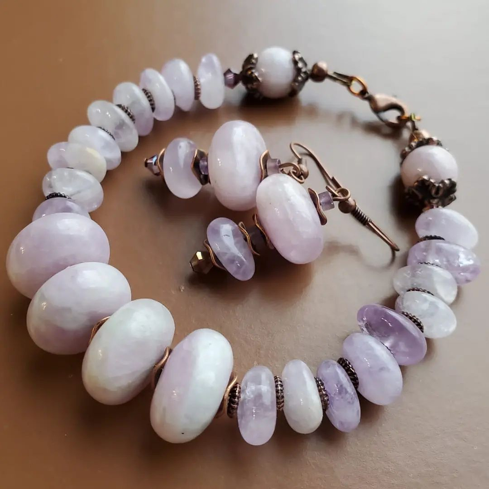 Сет: колье, браслет, серьги (кунцит, аметрин, агатовые бусины дзи)