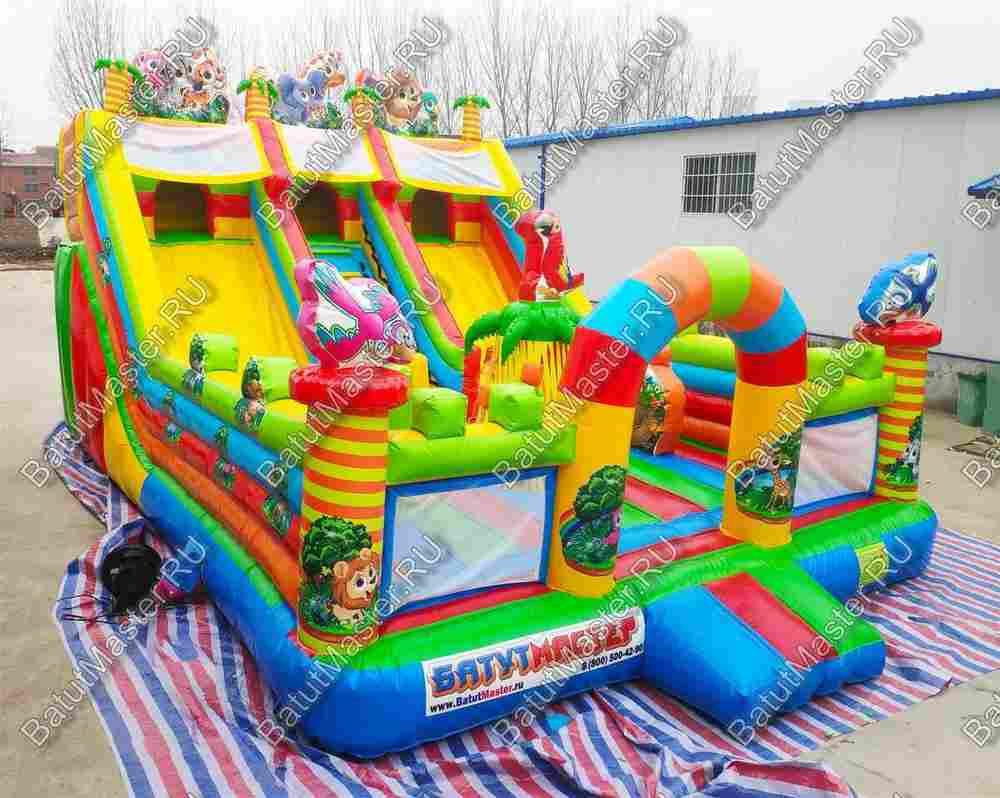 Коммерческий надувной батут "Дружная компания" в тематике "слоник в джунглях", 8*6*6 м