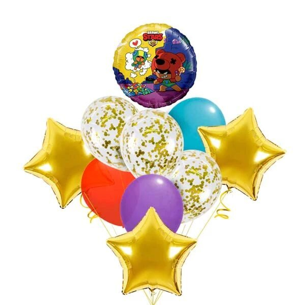 Композиция из воздушных шаров "Brawl Stars золотые звезды"
