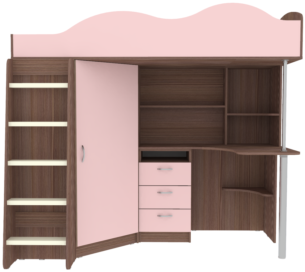 Кровать-чердак КарИВи Пионер с деревянной лестницей Бодего Темный Розовый