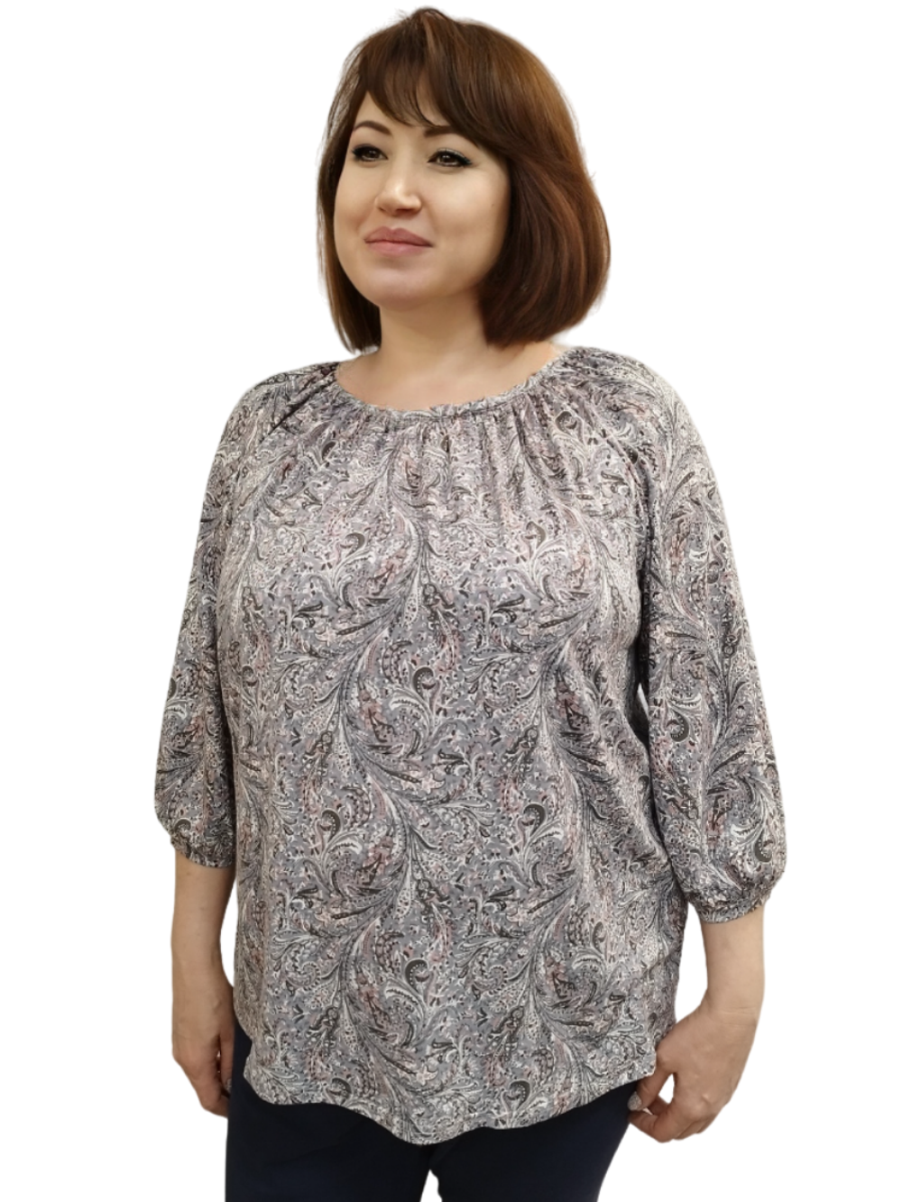 24413 Джемпер жен лиловый узор на сером (60)