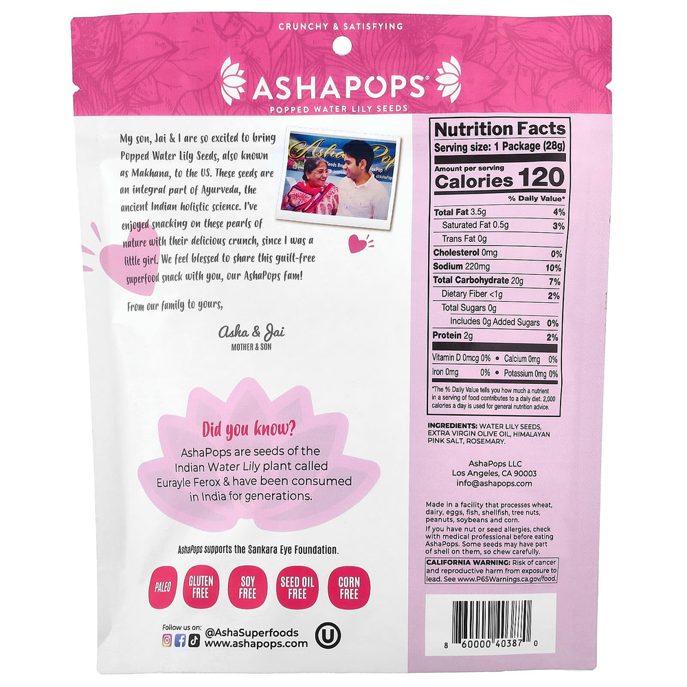 AshaPops, Popped Water Lily Seeds, розовая гималайская соль, 28 г (1 унция)