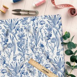 Ткань сатин цветы голубого и синего оттенка