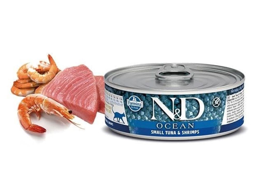 Влажный корм N&amp;D OCEAN для кошек с тунцом и креветками 70г