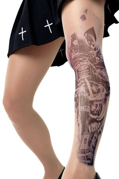 Колготки с принтом в виде карт, напитков и купюр (Размер: S-M-L) (Цвет: бежевый)