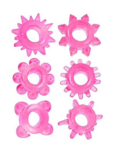 Набор из 6 розовых эрекционных колец с различным рельефом (Цвет: розовый)