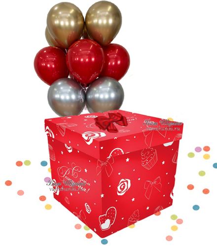Коробка №15 "Красная с принтом для женщины на 8 гелиевых шаров"
