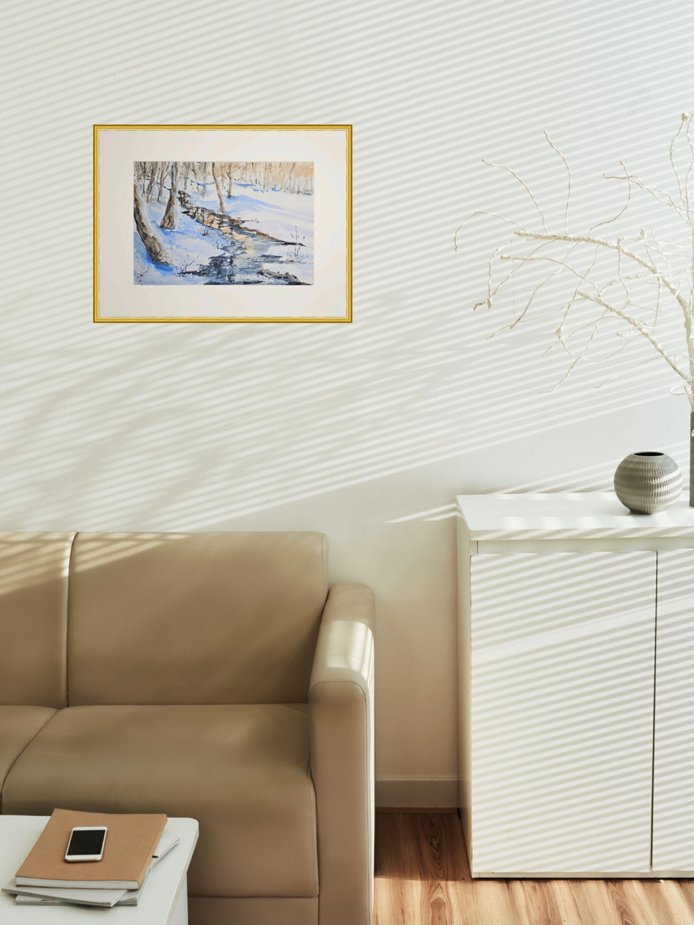 Картина авторская акварельная в паспарту 30х40 см на стену для интерьера "Зимний ручей"