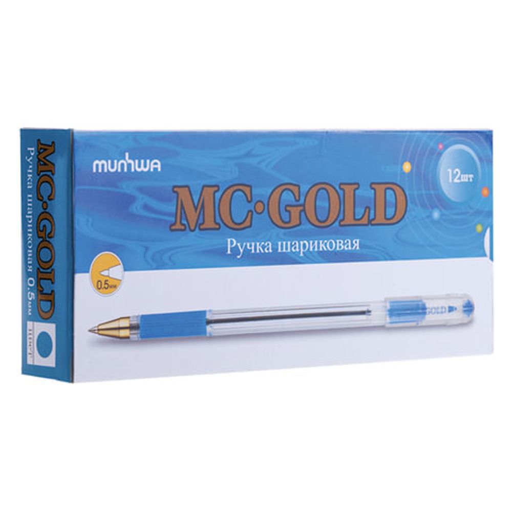 Ручка шариковая масляная с грипом MUNHWA "MC Gold", ГОЛУБАЯ, корпус прозрачный, узел 0,5 мм, линия письма 0,3 мм, BMC-12