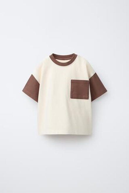 ZARA ФУТБОЛКА В СТИЛЕ КОЛОР-БЛОК, СВЕТЛО-КОРИЧНЕВЫЙ